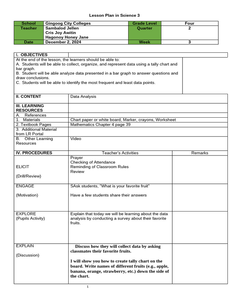Grade 4 Data Analysis Lesson Plan | PDF | Lesson Plan | Behavior ...