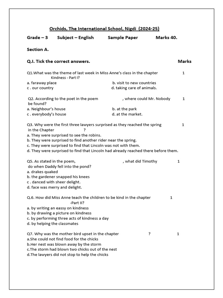 Class 3 English Sample Paper 2024-25 | PDF | Word | Language Mechanics