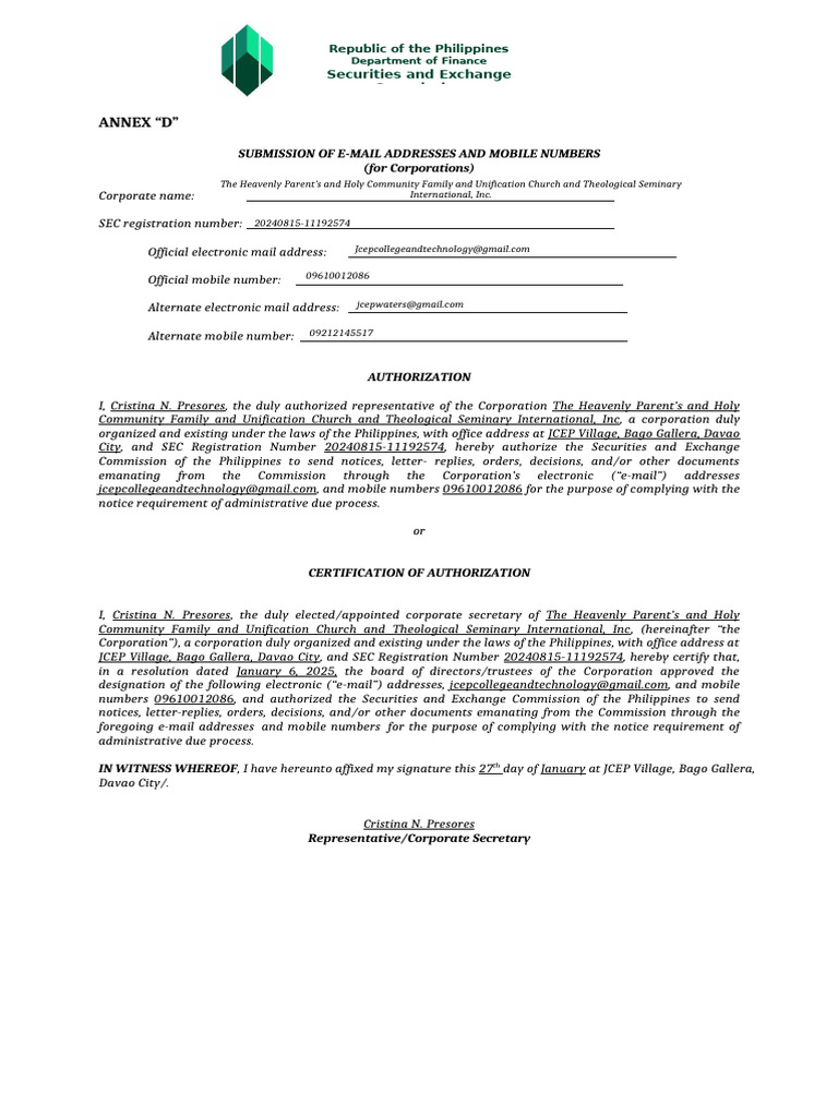 SEC Contact Information Submission Form | PDF | Corporate Governance ...