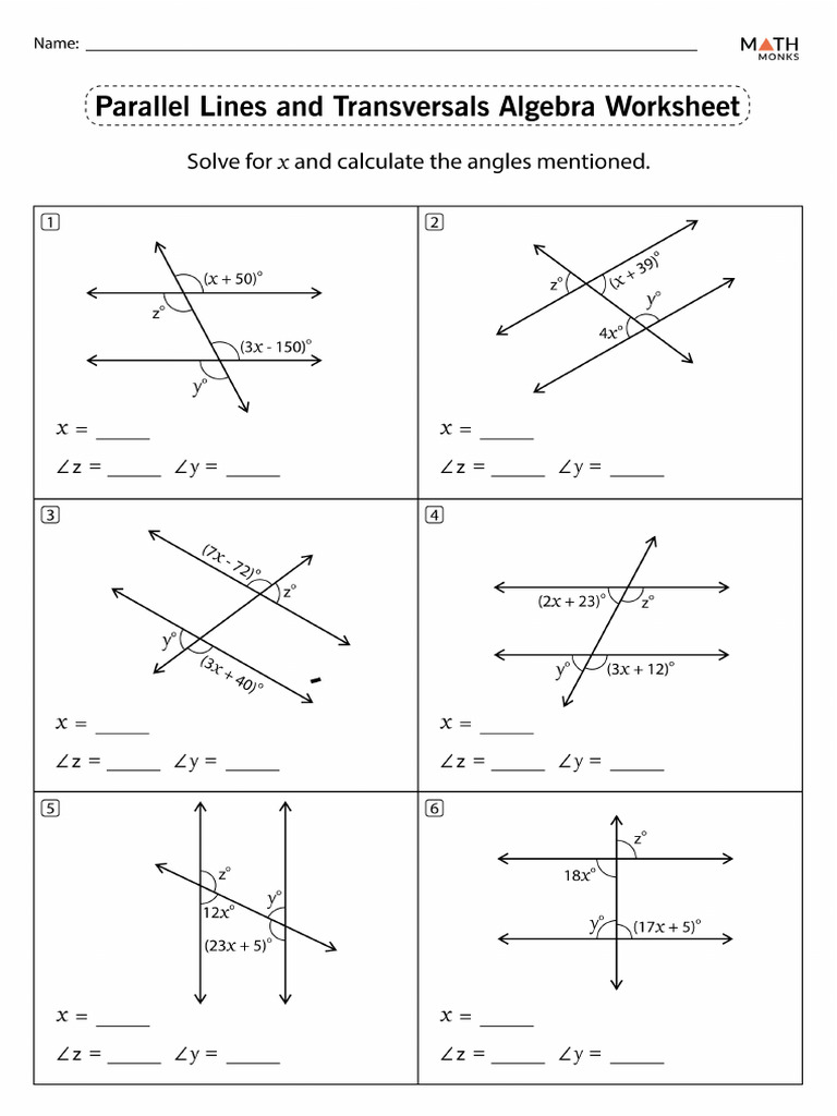 Parallel Lines and Transversals Algebra Worksheet | PDF