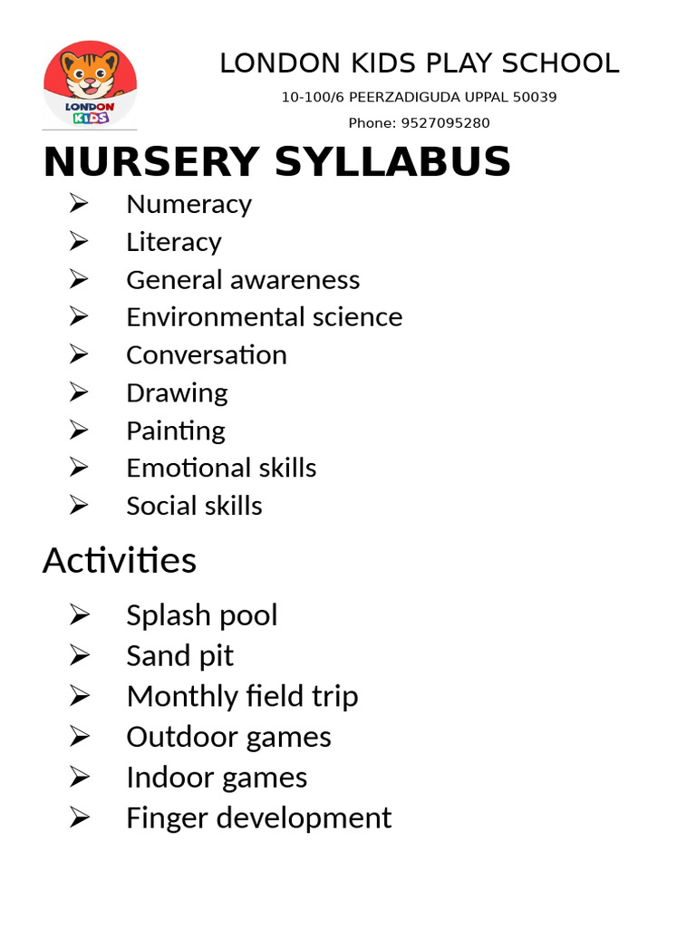 London Kids School Nursery Syllabus | PDF