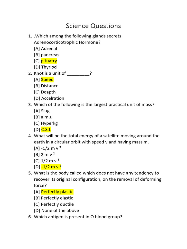 Science Quiz: Key Questions & Answers | PDF