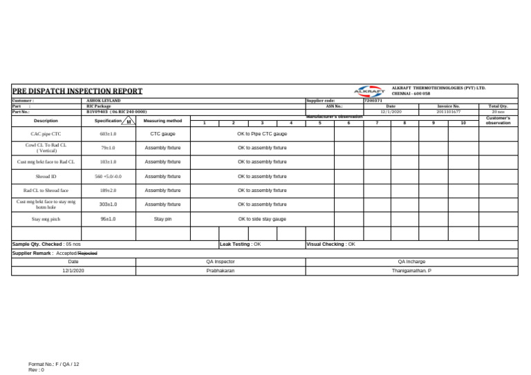 Ashok Leyland Pre-Dispatch Inspection Report | PDF