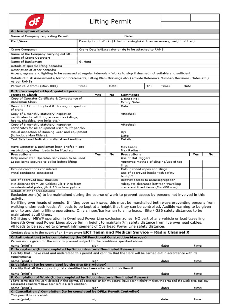Lifting Permit and Safety Checklist | PDF | Crane (Machine)