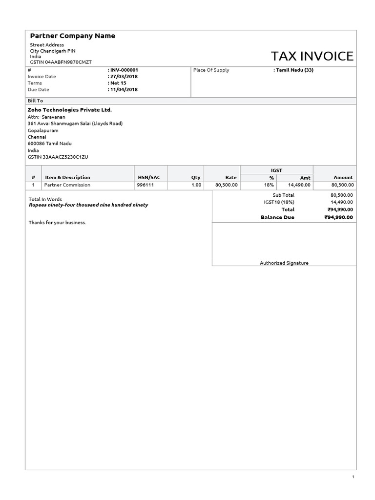 Tax Invoice for Partner Commission | PDF