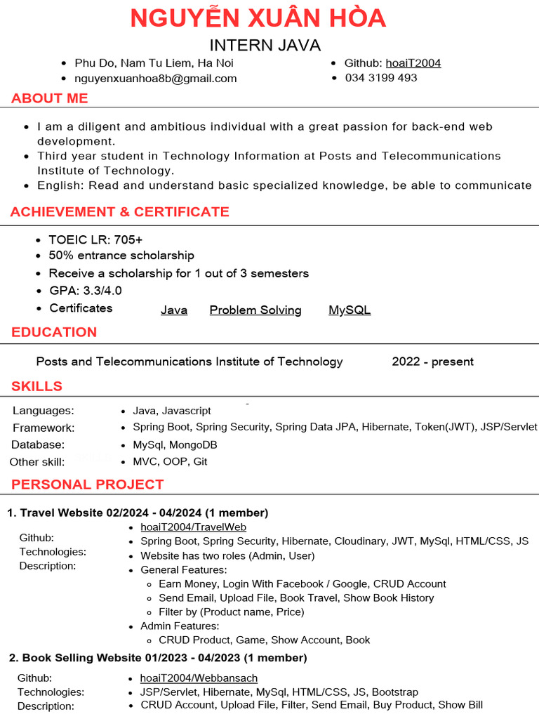 Java Intern with Web Dev Skills | PDF
