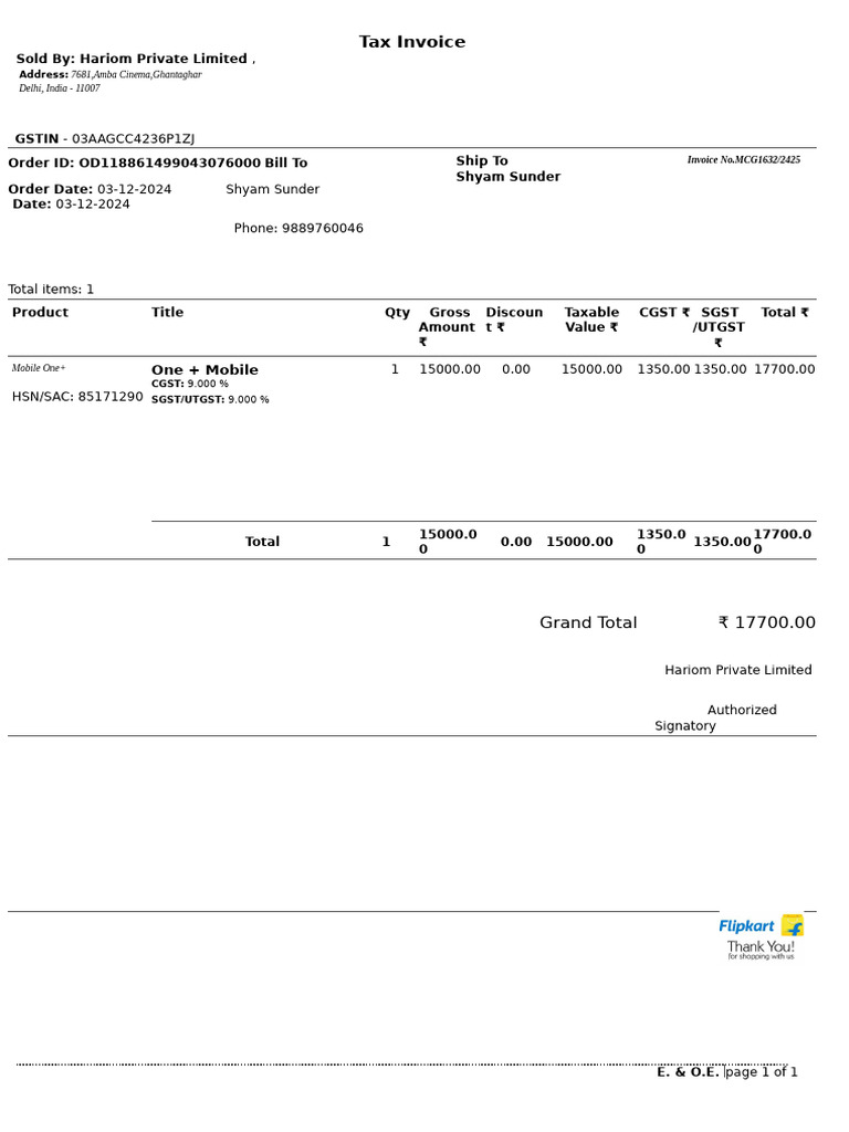 Tax Invoice for Mobile One+ Purchase | PDF | Public Finance | Economies
