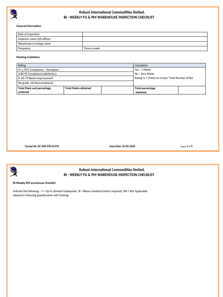 Bi-Weekly Warehouse Inspection Checklist | PDF | Quality