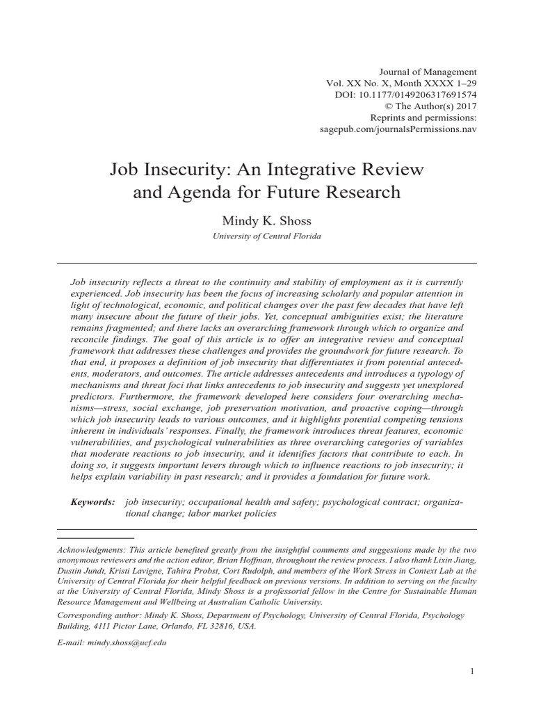 Job Insecurity: Review and Framework | PDF | Employment | Layoff
