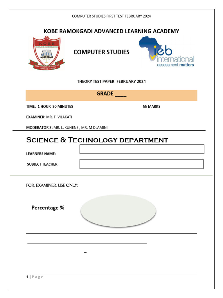 Computer Studies Test Paper 2024 | PDF | Tablet Computer | Input/Output