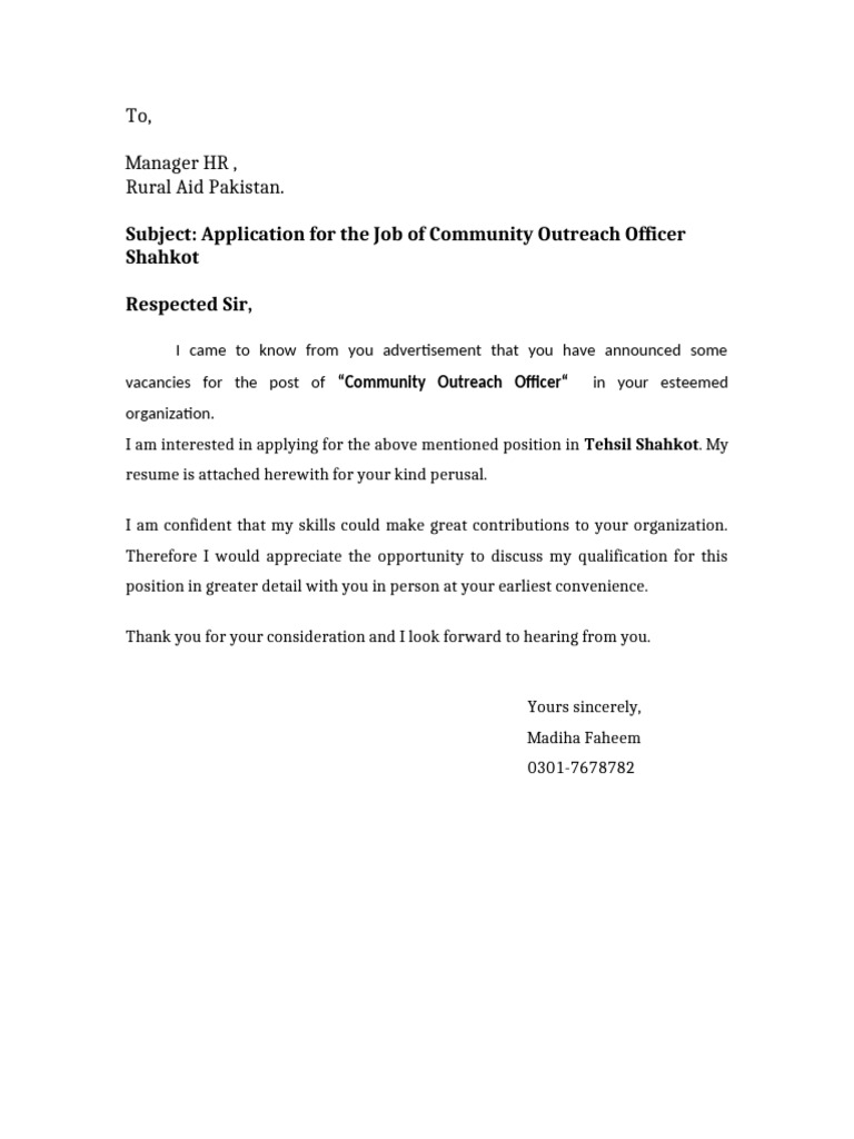 Covering Letter For Job Community Outreach Officer | PDF