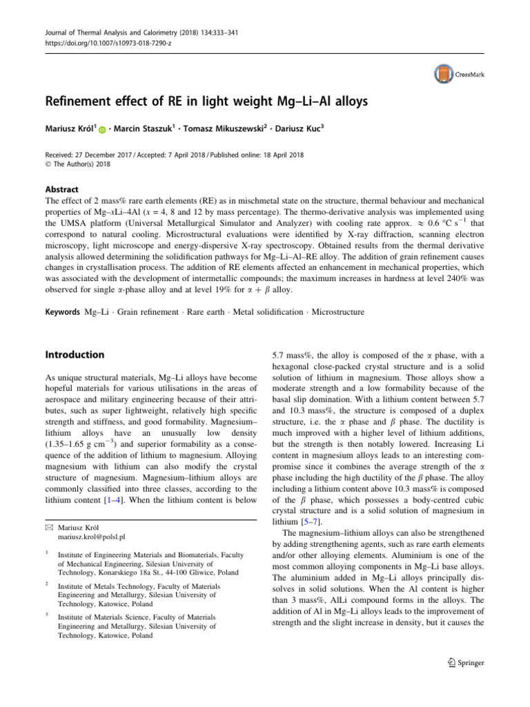 Refinement Effect of RE in Light Weight Mg-Li-Al Alloys | PDF ...