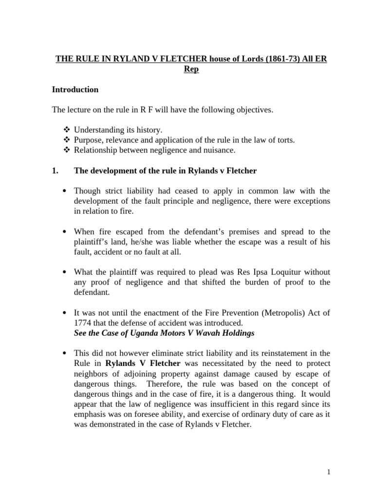 Understanding Rylands v Fletcher Rule | PDF | Negligence | Tort