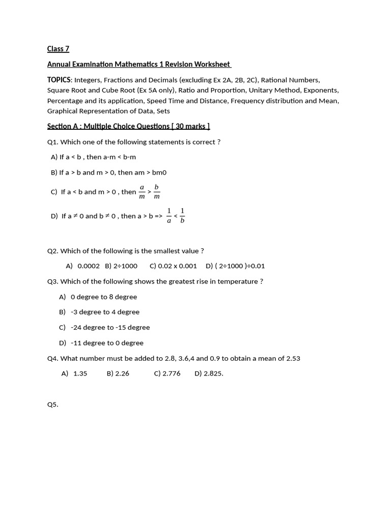 4.) C7 Maths 1 Annual Worksheet 2 2024 | PDF | Numbers | Elementary ...