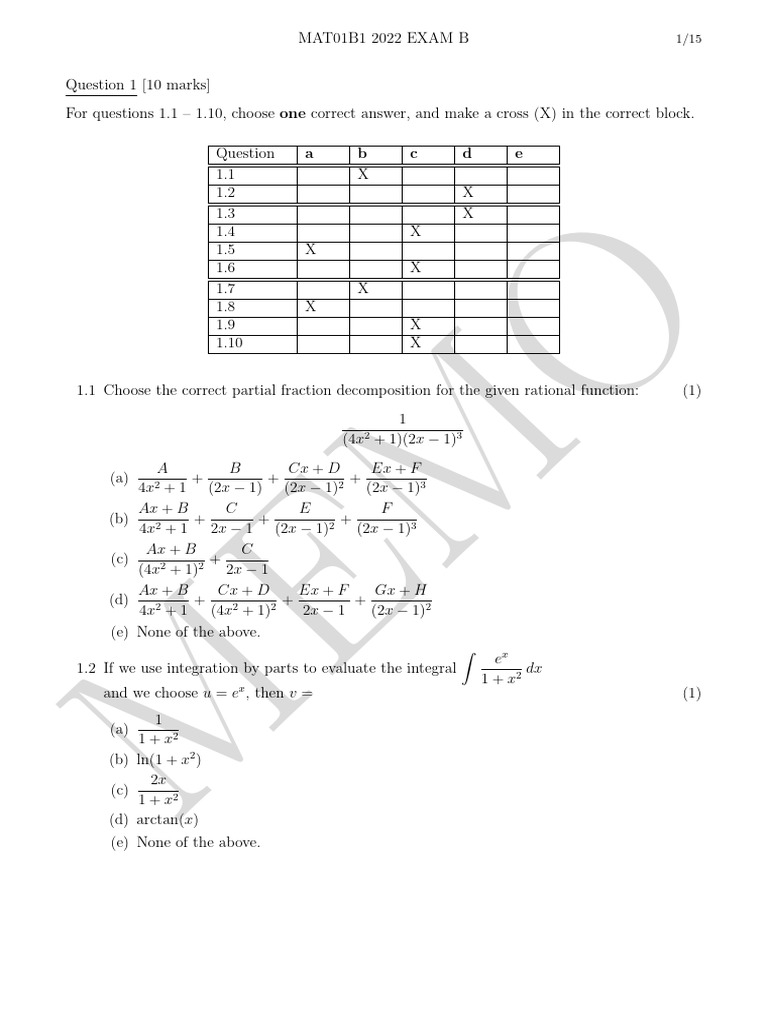 Mat01b1 Exam B Memo | PDF | Function (Mathematics) | Curve