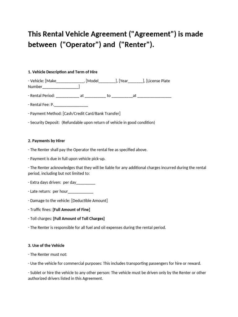 Rental Vehicle Agreement Terms & Conditions | PDF | Vehicles | Traffic ...
