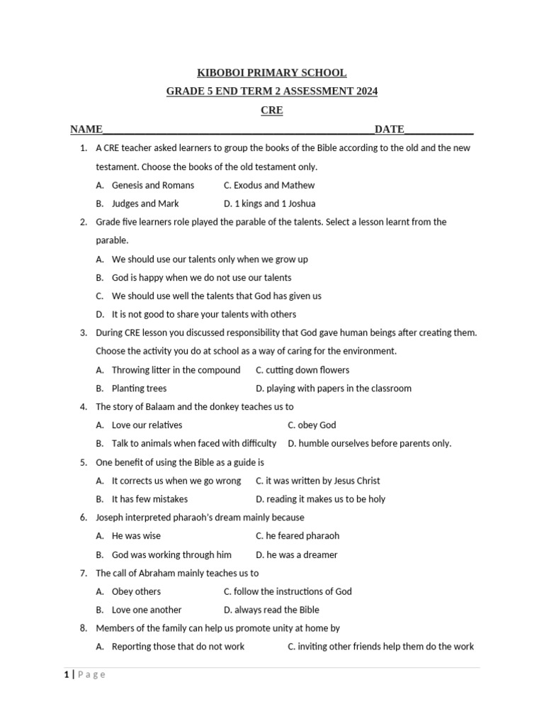 Grade 5 CRE End Term 2 Assessment 2024 | PDF | Bible | Book Of Exodus