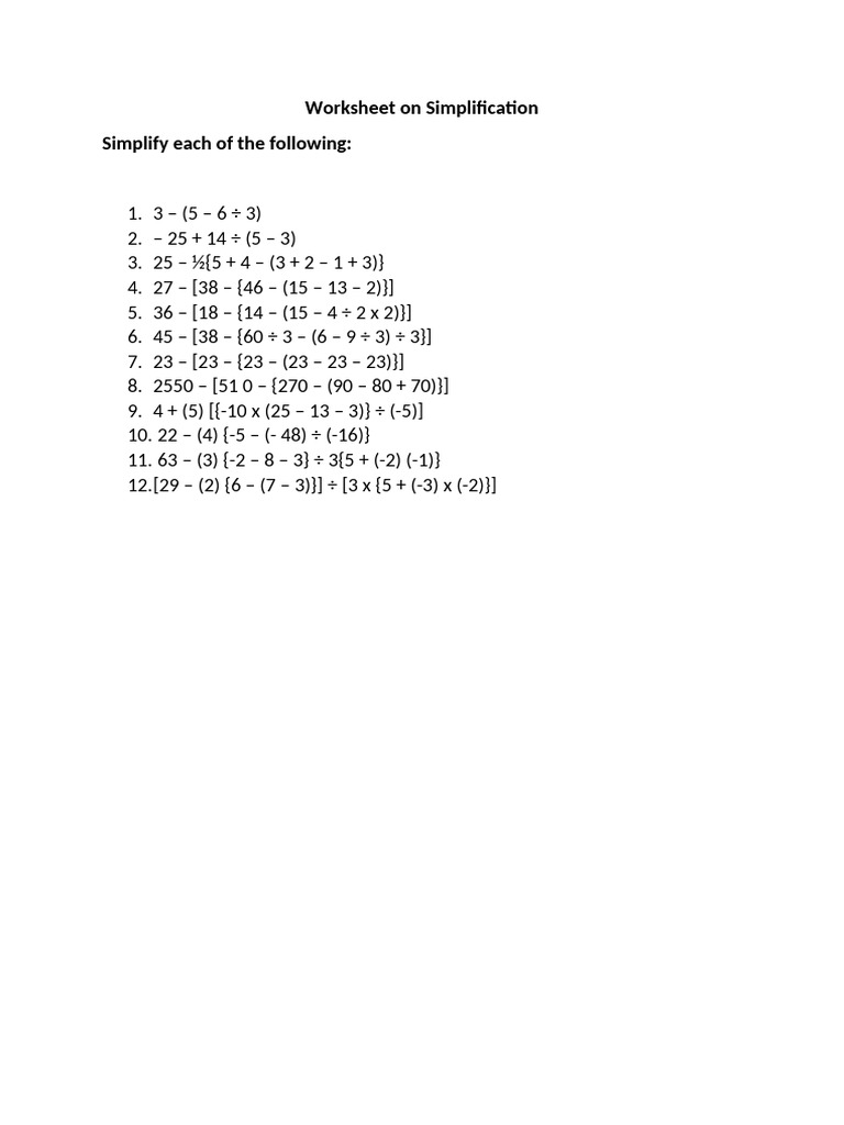 Math Worksheet on Expression Simplification | PDF