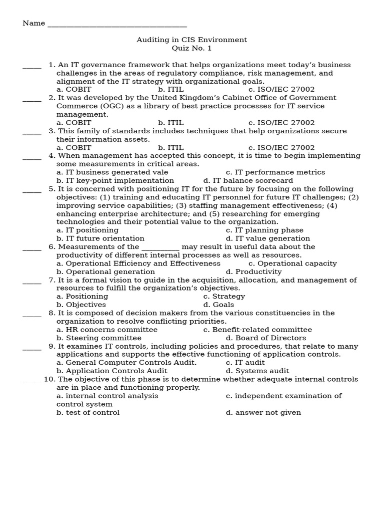 Quiz 1 Pdf Internal Control Audit