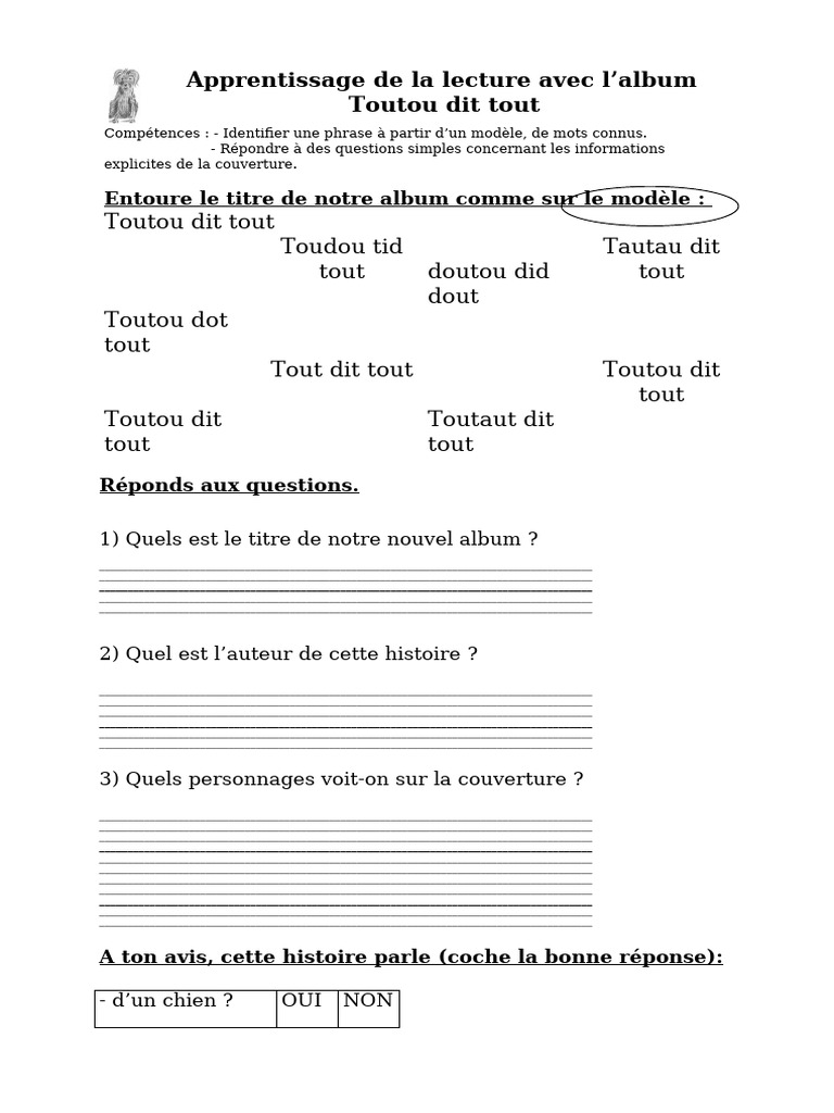 Apprentissage de la lecture : Toutou dit tout | PDF