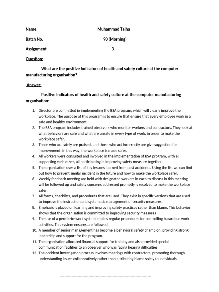 Positive Health & Safety Culture Indicators | PDF | Occupational Safety ...
