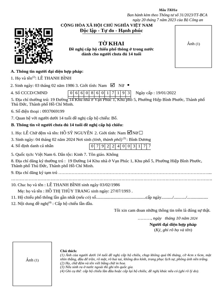 Mau TK01a to khai trẻ em cap HCPT ở trong nước TK01a MỚI | PDF