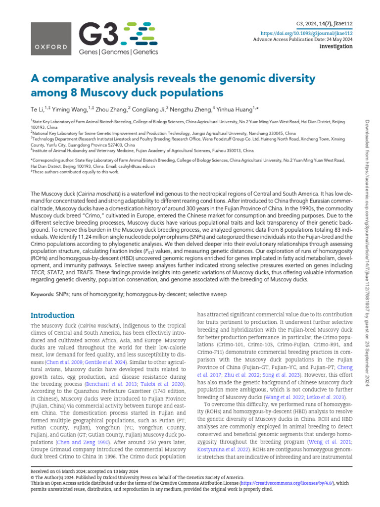 Genomic Diversity in Muscovy Ducks | PDF | Single Nucleotide ...