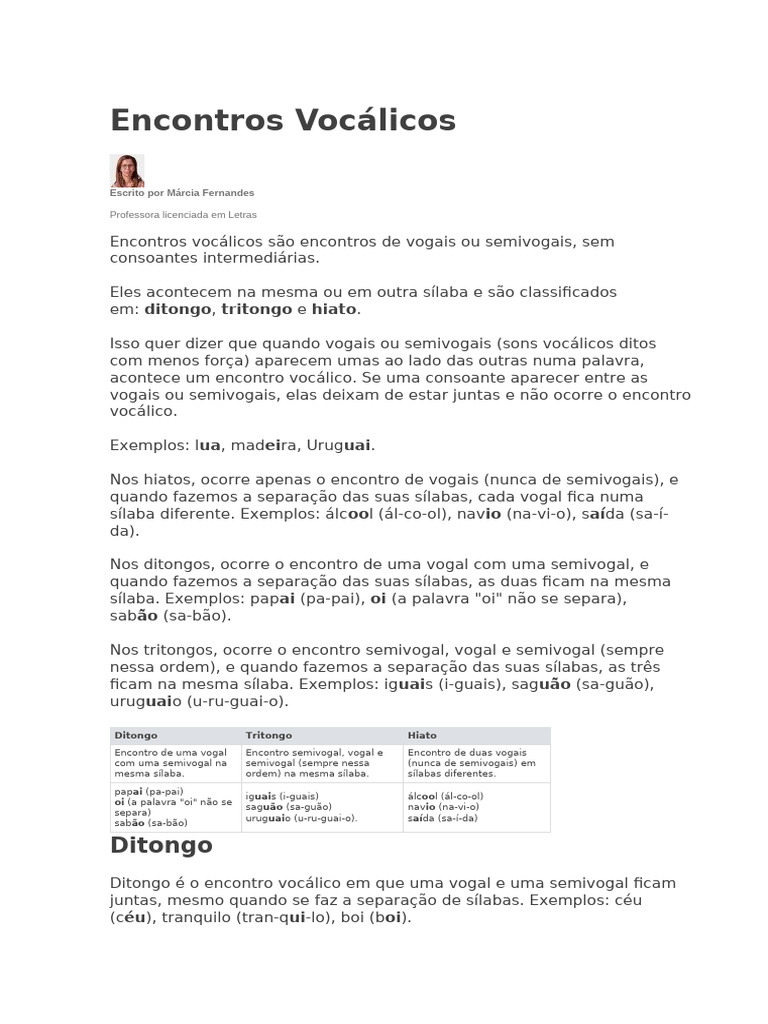 Encontros Vocálicos: Ditongo, Tritongo e Hiato | PDF | Vogal | Sílaba