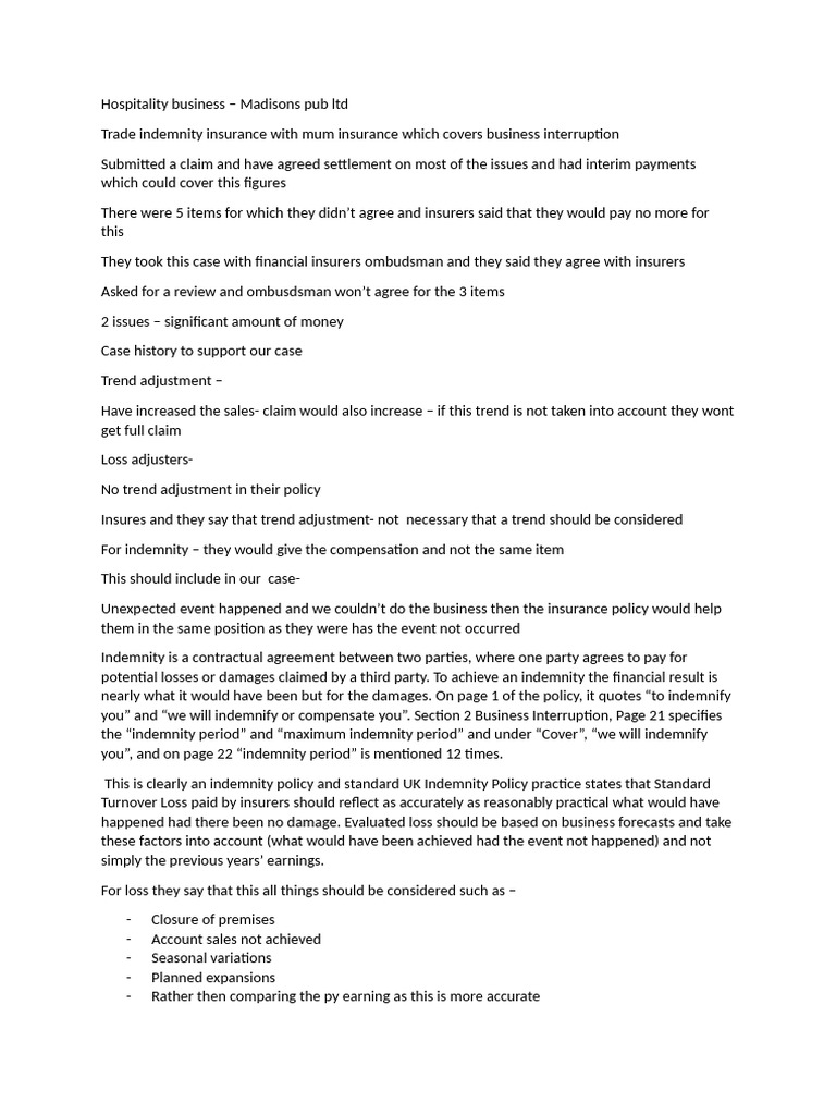 Indemnity Insurance Claims for Hospitality | PDF | Indemnity | Insurance