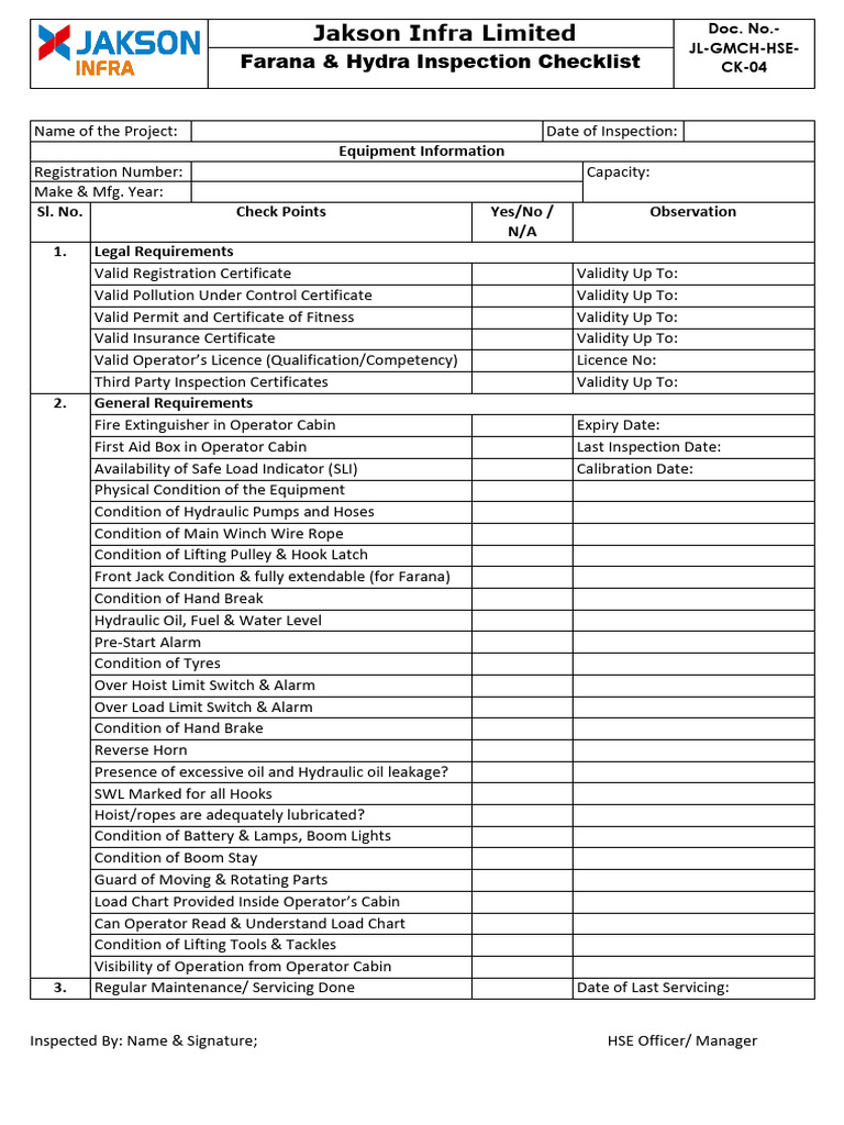 Doc. No.-JL-HSE-CK-04-Farana & Hydra Inspection Checklist | PDF ...