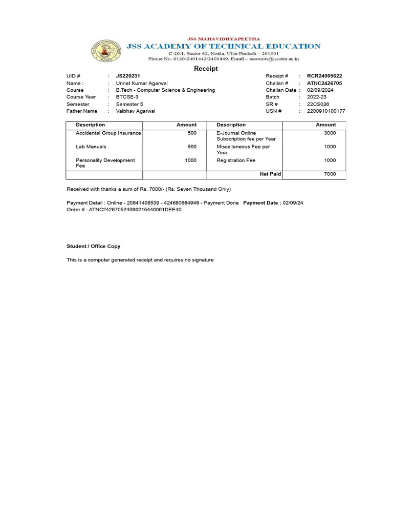 B.Tech Course Fee Receipt for 2024 | PDF