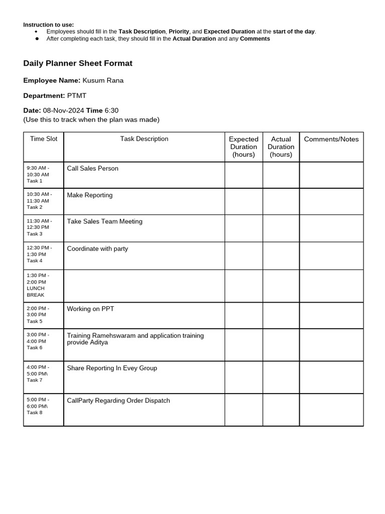 Daily Task Planner Template for Employees | PDF