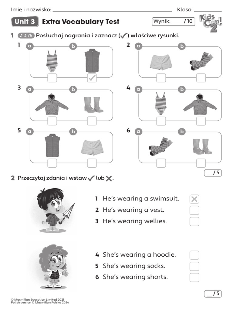 Kids Can 2 - Extra Vocabulary Test - Unit 3 | PDF