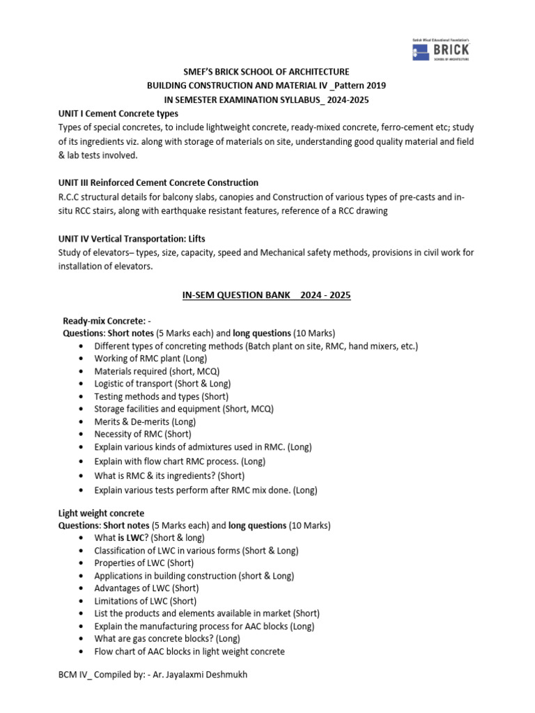 Building Construction Materials IV Syllabus | PDF | Concrete | Elevator