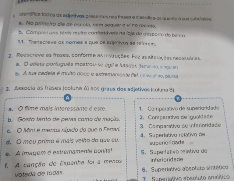Adjetivos - 7º Ano - Exercícios | PDF