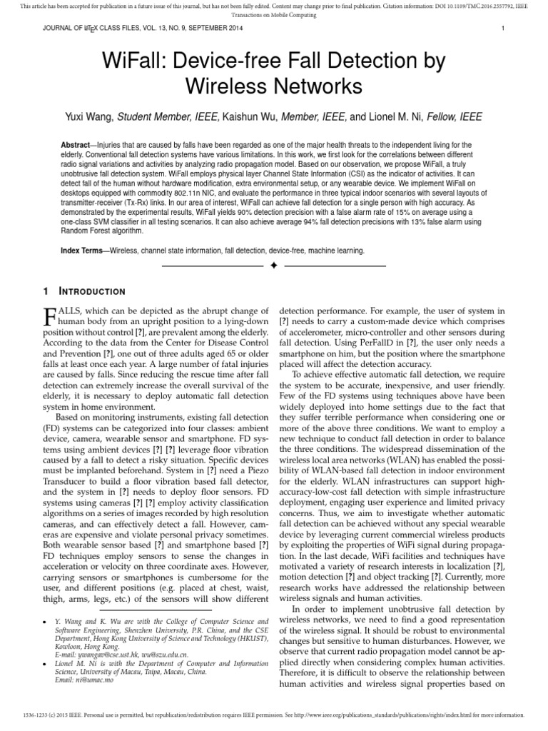WiFall: Device-Free Fall Detection System | PDF | Antenna (Radio ...