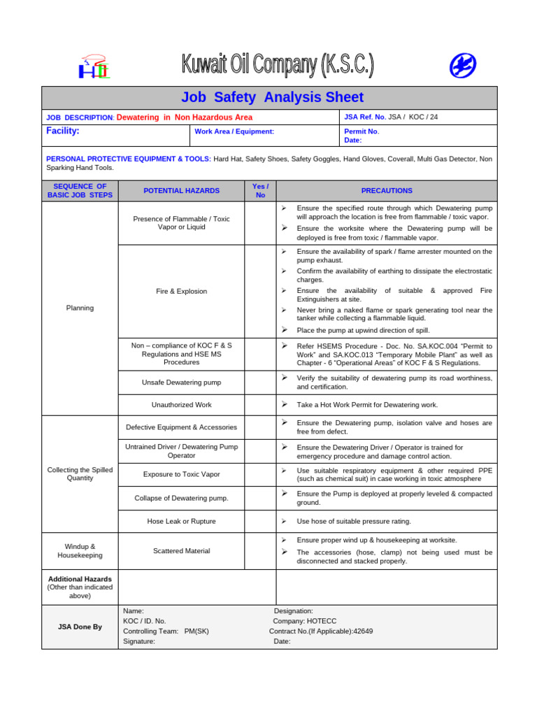 JSA - Dewatering | PDF | Pump | Personal Protective Equipment