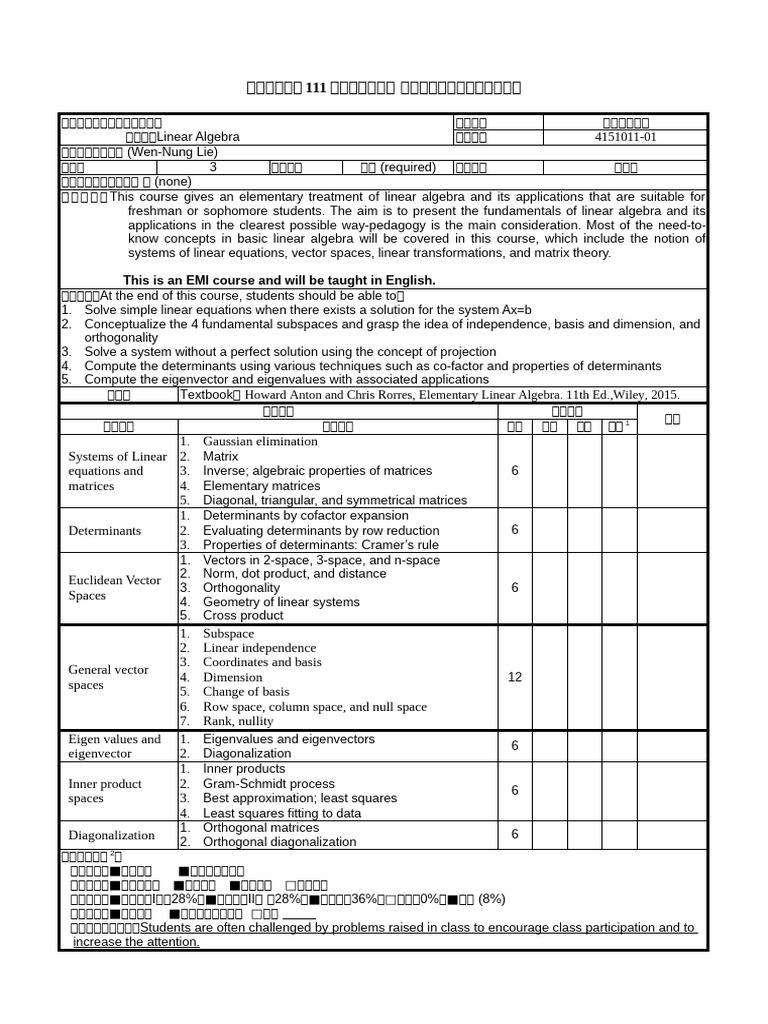 Linear Algebra Course Outline | PDF | Determinant | Eigenvalues And ...