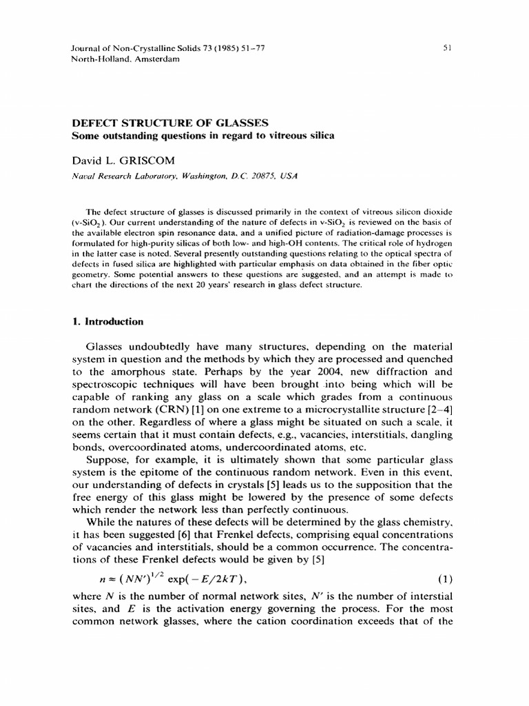 Griscom 1985 Defect Structure Of Glasses Pdf Optical Fiber