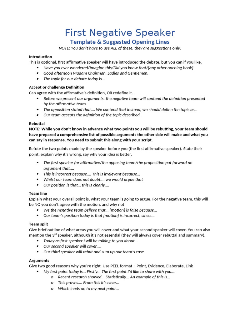 Negative Speaker Debate Template | PDF