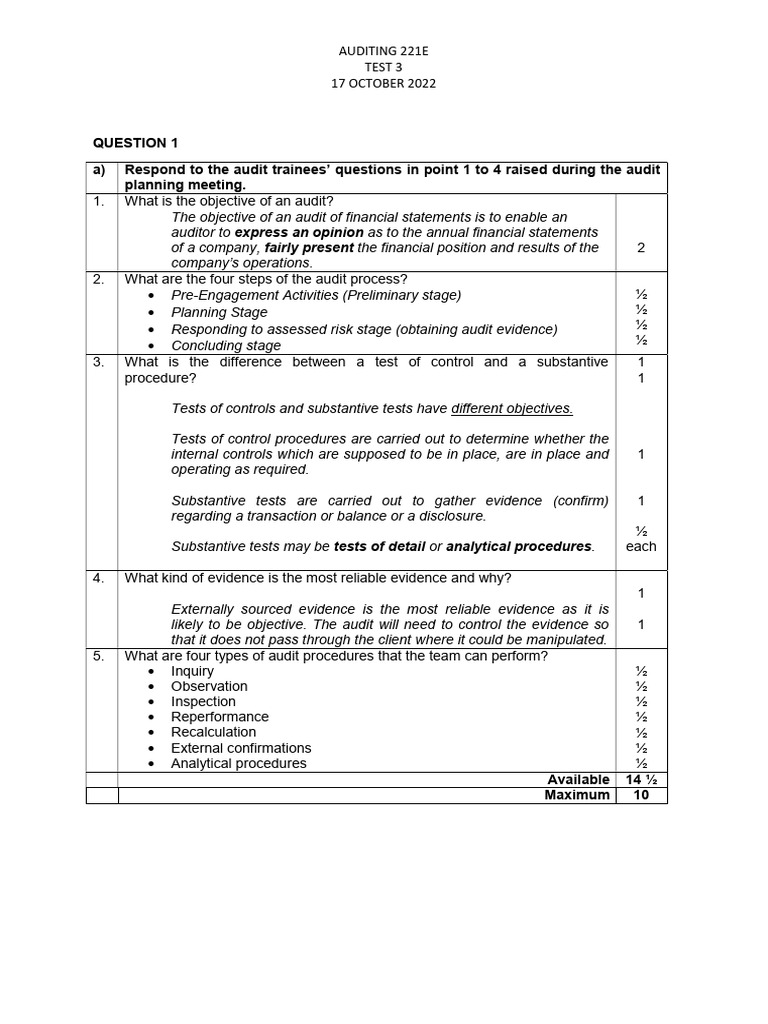AUD221 - Test 3 - Solution | PDF | Audit | Business