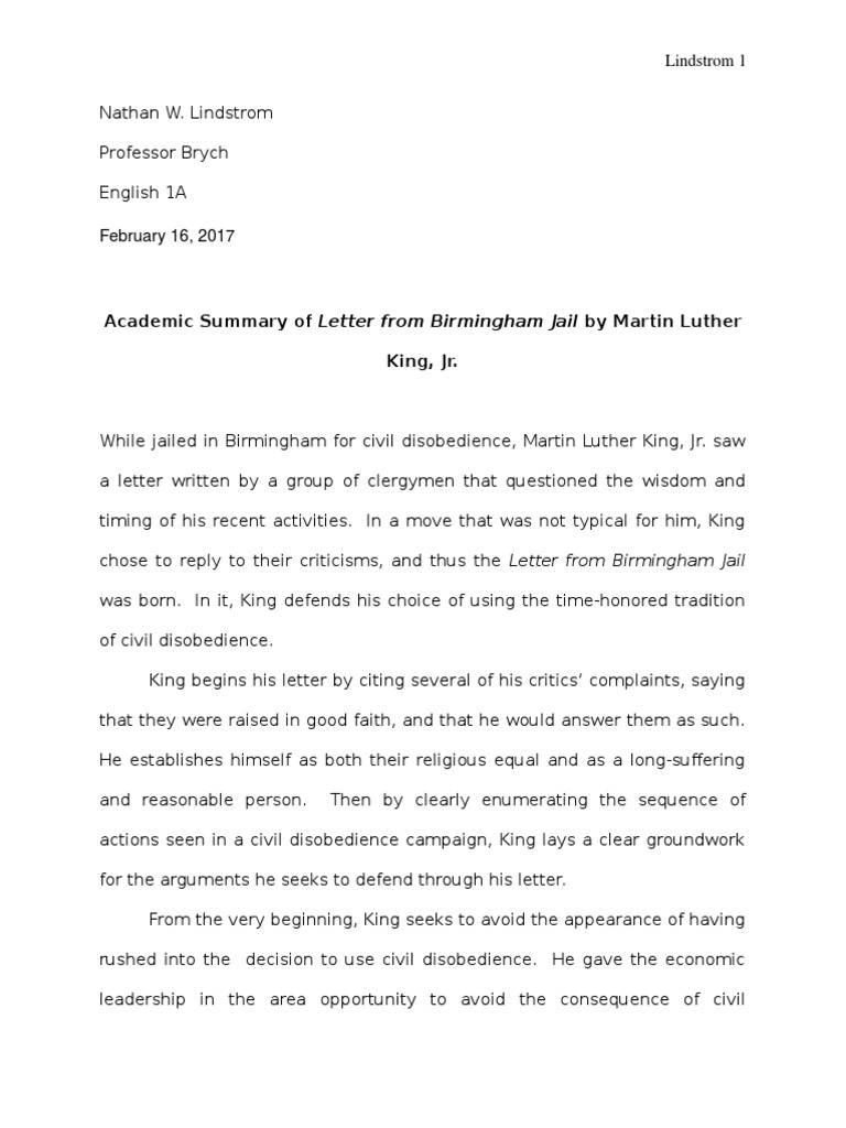 Academic Summary Of Letter From Birmingham Jail By Martin Luther King 