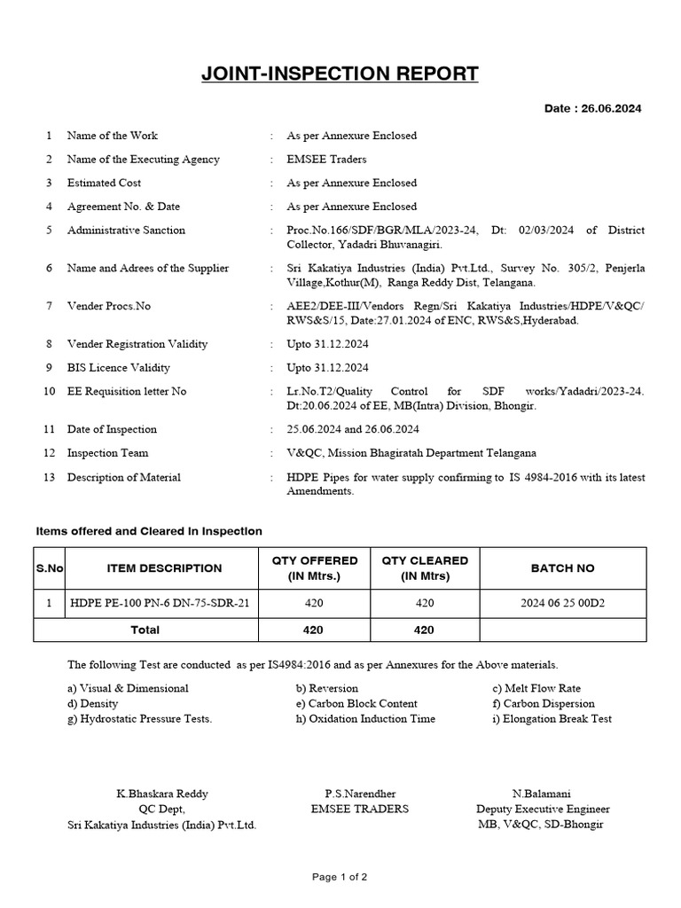 Yadadri MLA 2024 Water Supply Inspection | PDF