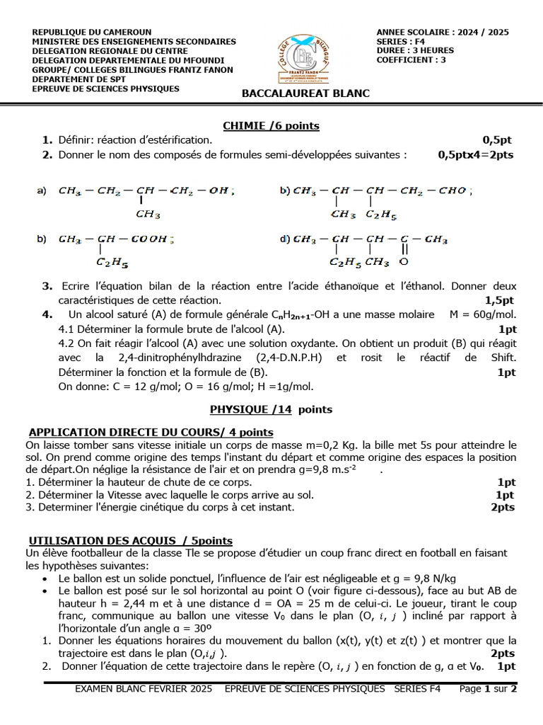 Examen Blanc Bac F4 Sciences Physiques 2025 | PDF | Physique appliquée ...