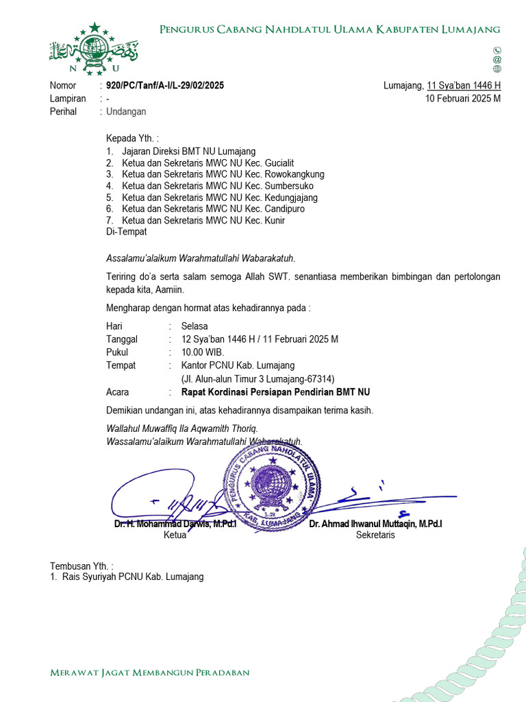 920 Undangan Rapat Kordinasi Pendirian Bmt Di 6 Mwc Nu Pdf