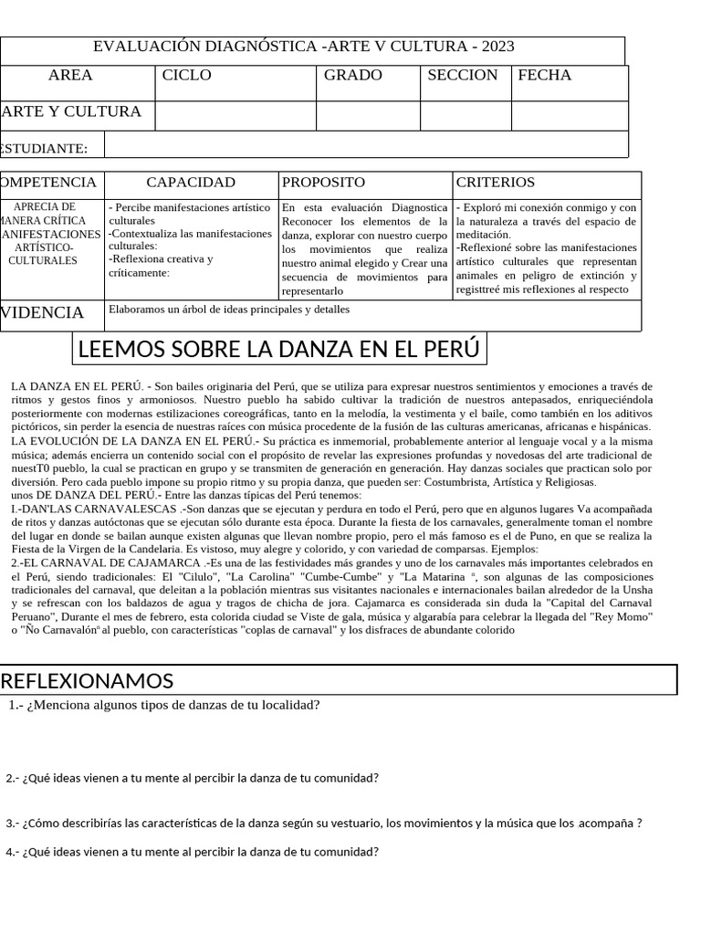 Evaluación Diagnóstica Arte y Cultura 2023 | PDF | Carnaval | Bailes