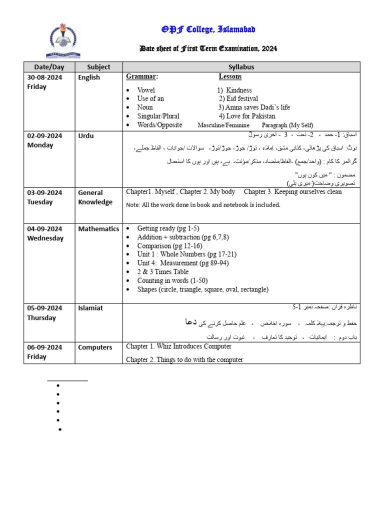 1st Term Datesheet Class 1 | PDF | Grammatical Gender | Grammar
