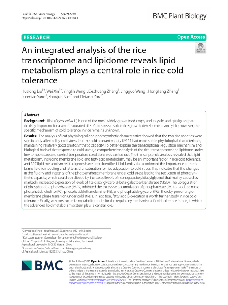 An Integrated Analysis of The Rice Transcriptome and Lipidome Reveals ...