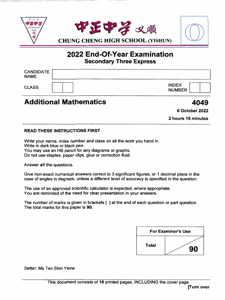 A-Math - Sec 3 - SA 2 - 2022 - Chung Cheng Yishun | PDF | Exponential ...