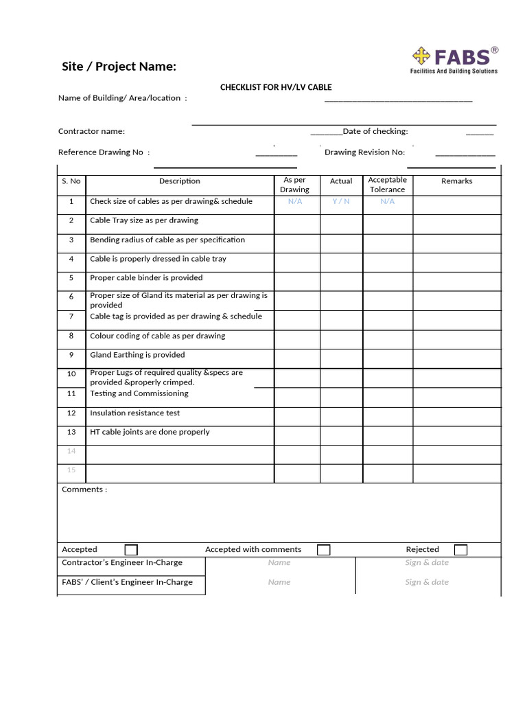 HV/LV Cable Inspection Checklist | PDF